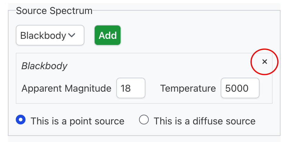 The source spectrum form for a blackbody spectrum. The button for deleting the spectrum is highlighted.
